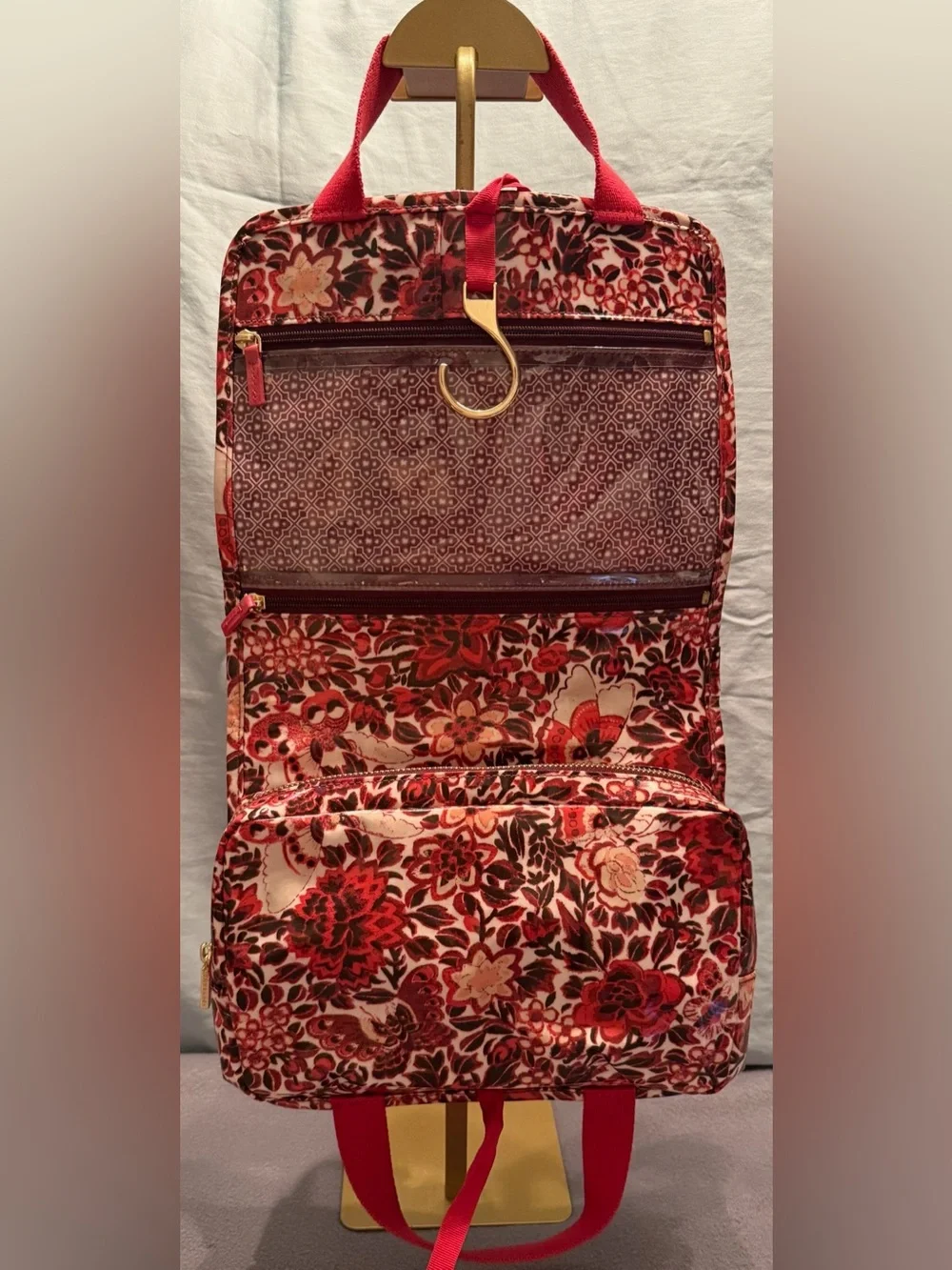 Tory Burch Red Floral Cosmetic Travel Organizer with Red Pink Black Accents